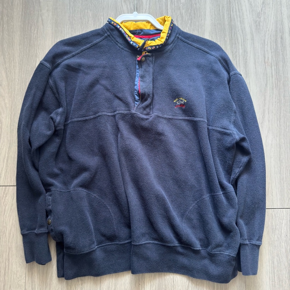 Classic Navy Blue Men's Sweater with Yellow Accents